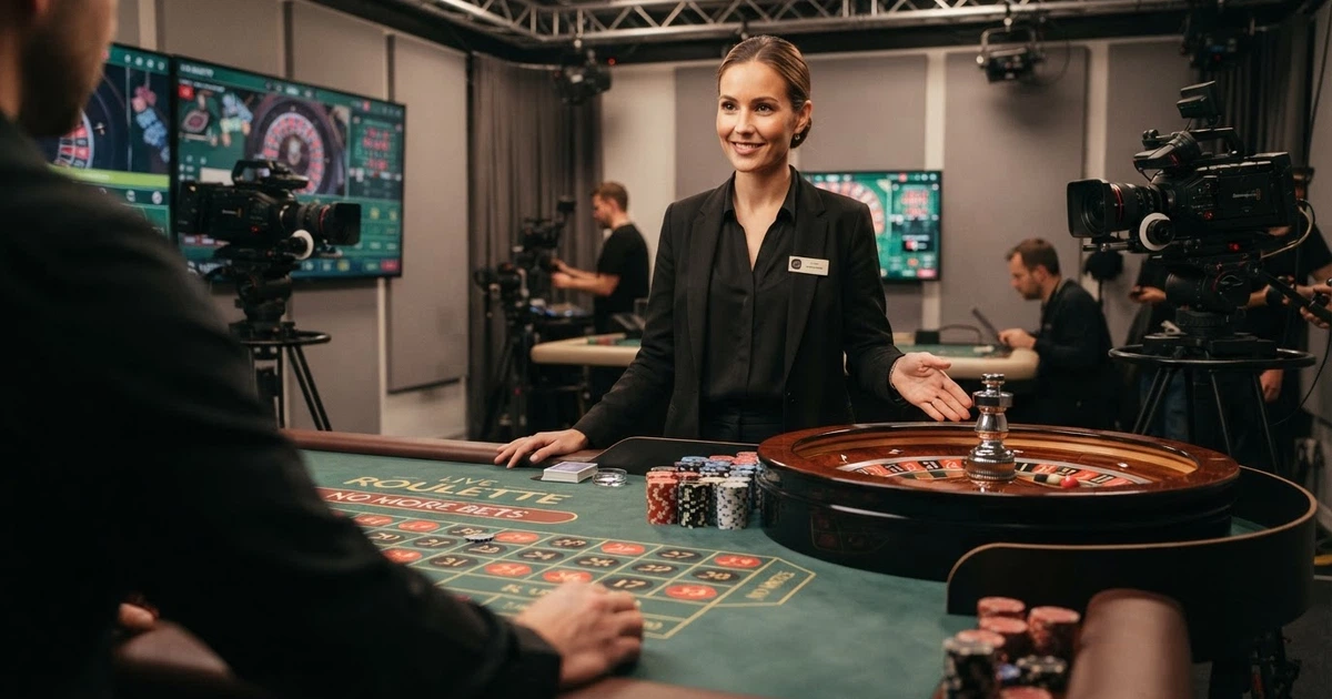 Un croupier dal vivo in uno studio professionale con tavolo da gioco, telecamere e monitor, interfaccia di puntata visibile sullo schermo