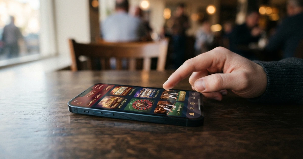 Un telefono che mostra l'interfaccia di un'app casinò con licenza ADM, con il logo del concessionario e la dicitura «concessionario ADM» visibile sullo schermo