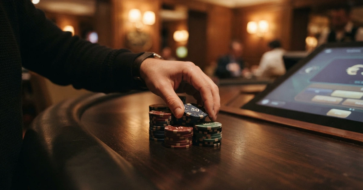 Una mano che restituisce una percentuale di fiches da casinò su uno sfondo con il logo ADM, simbolo del rimborso parziale delle perdite