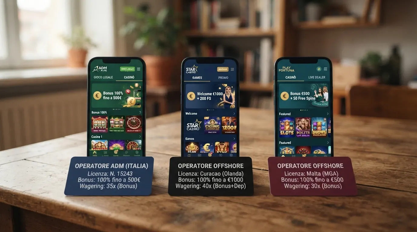 Una griglia visiva con le carte di tre operatori affiancate: in primo piano il badge della licenza (ADM per uno, offshore per gli altri due), sotto i dati essenziali di bonus e wagering, su uno sfondo neutro