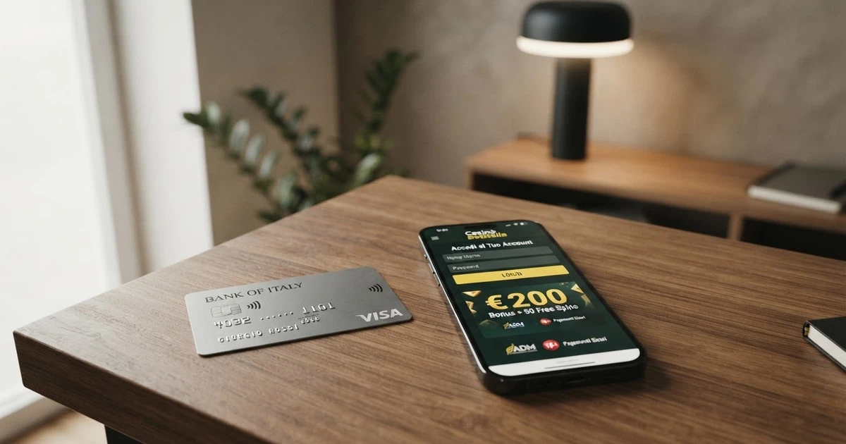 Una carta American Express argentata appoggiata su una scrivania, accanto a uno smartphone che mostra la schermata di login di un casinò online italiano