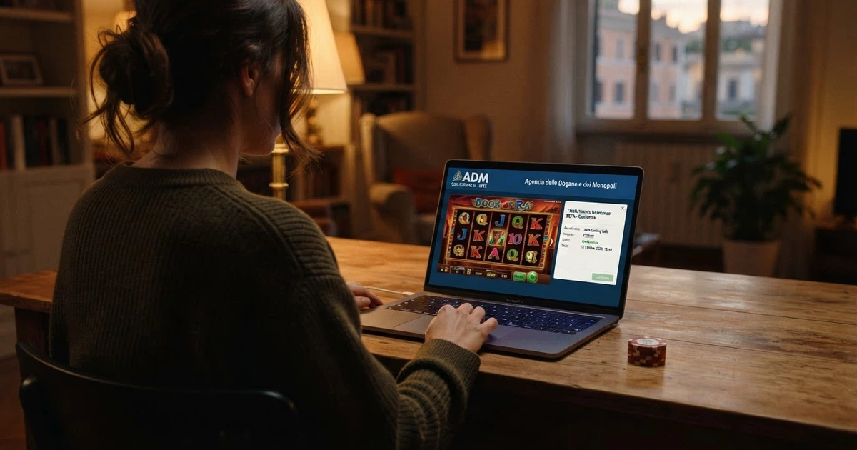Un giocatore seduto davanti al computer con il sito del casinò aperto e l'interfaccia bancaria sullo schermo, in un ambiente domestico italiano