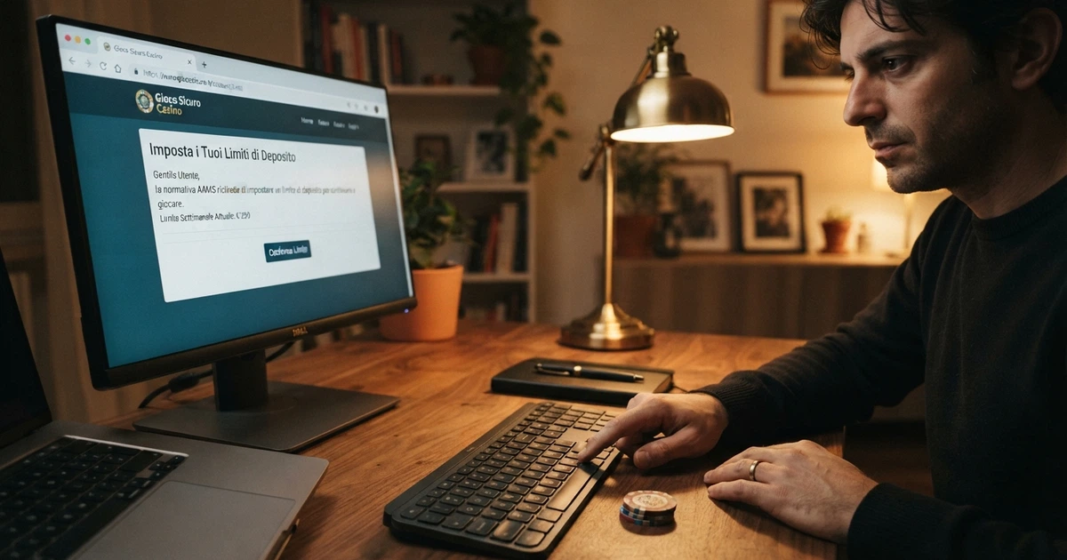 Un giocatore consulta sul desktop la pagina dei limiti di deposito della propria area personale in un casinò online italiano, con l'interfaccia in italiano e il lucchetto della connessione sicura visibile nella barra del browser