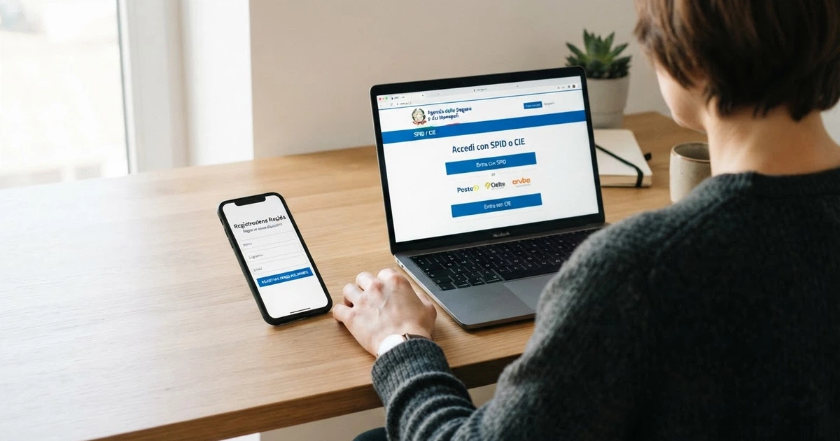 Una persona seduta davanti allo schermo di un computer con la schermata di registrazione di un casino online divisa in due metà: a sinistra un form essenziale con il pulsante «Registrati senza documenti», a destra la schermata SPID/CIE del sistema ADM