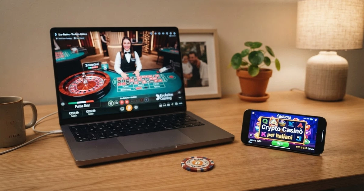 Una schermata di confronto tra operatori con icone di criptovalute (Bitcoin, Ethereum, USDT) e l'interfaccia di un crypto casino su desktop e mobile