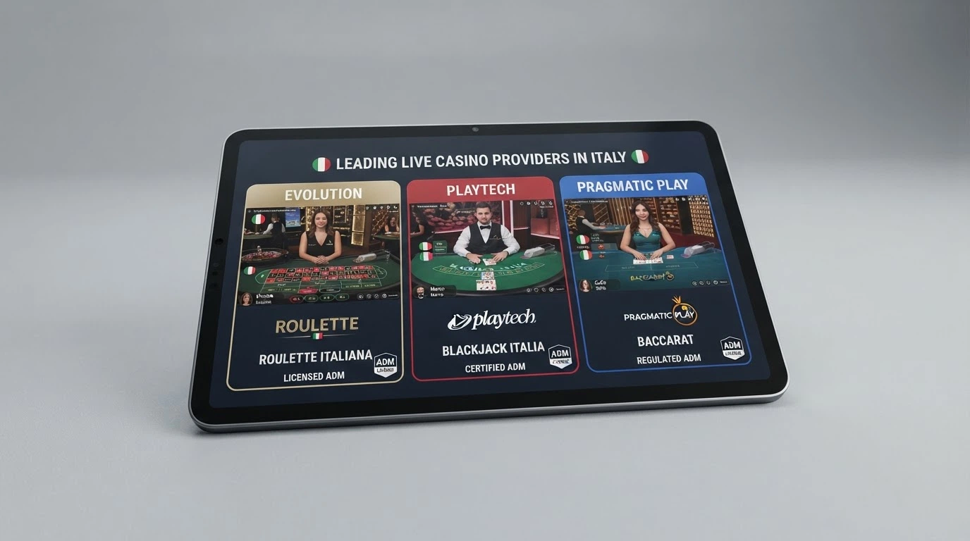 Una schermata di comparazione tra operatori su un'interfaccia di casinò live, con loghi dei provider principali (Evolution, Playtech, Pragmatic Play) visibili
