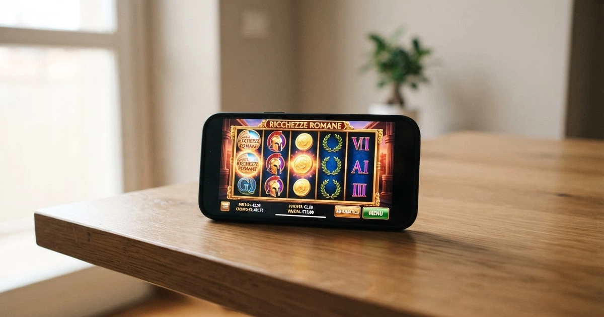 Uno smartphone che mostra l'interfaccia di un casinò mobile con slot in primo piano, in mano a un giocatore