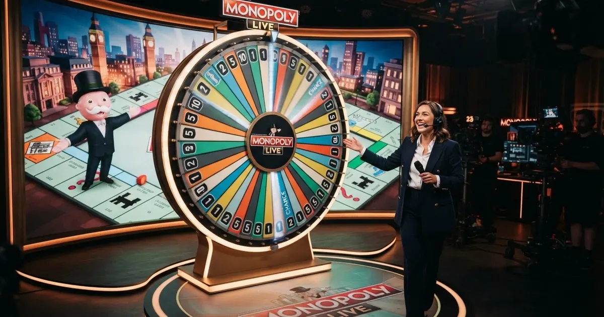 La ruota di Monopoly Live in uno studio Evolution con il presentatore e il tabellone 3D di Mr. Monopoly sullo sfondo