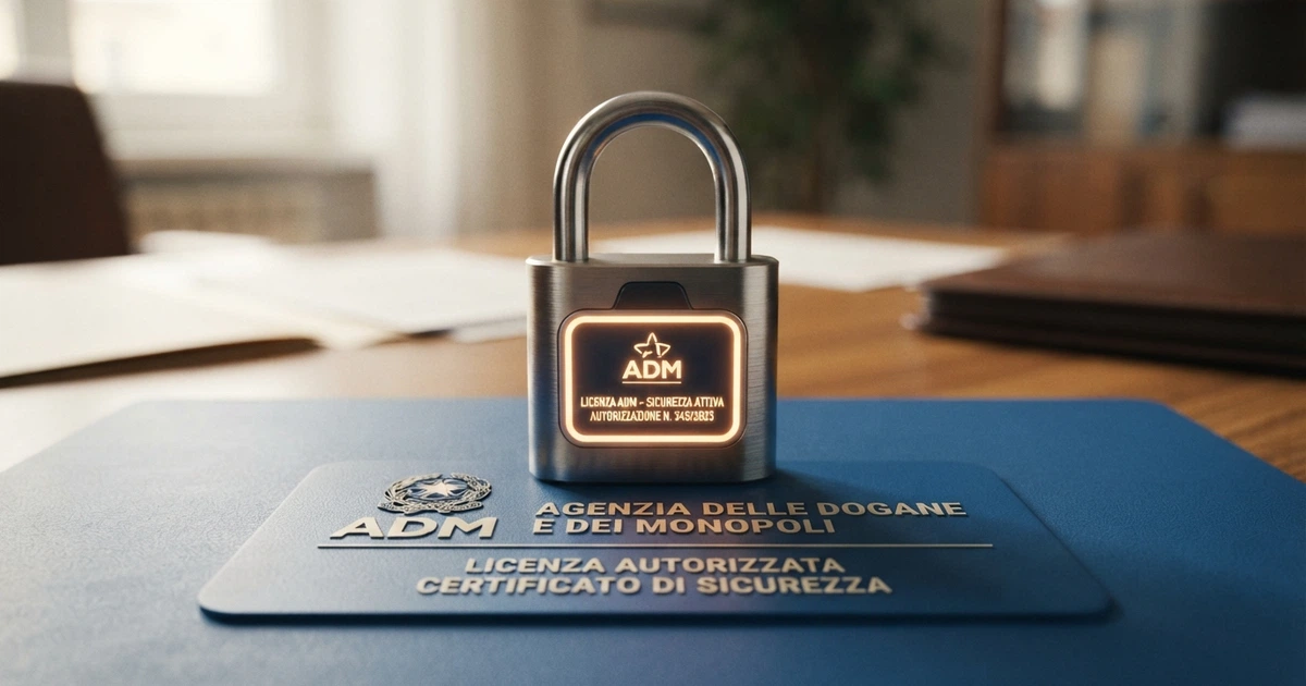 Primo piano di un lucchetto digitale sopra la scritta ADM Agenzia delle Dogane e dei Monopoli su sfondo blu istituzionale