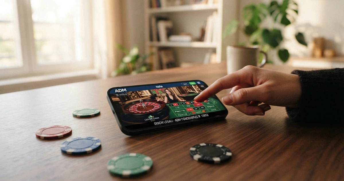 Una schermata di benvenuto di un casinò online con licenza ADM su sfondo di interfaccia di gioco pulita, con simboli ADM e dicitura «concessionario» visibile