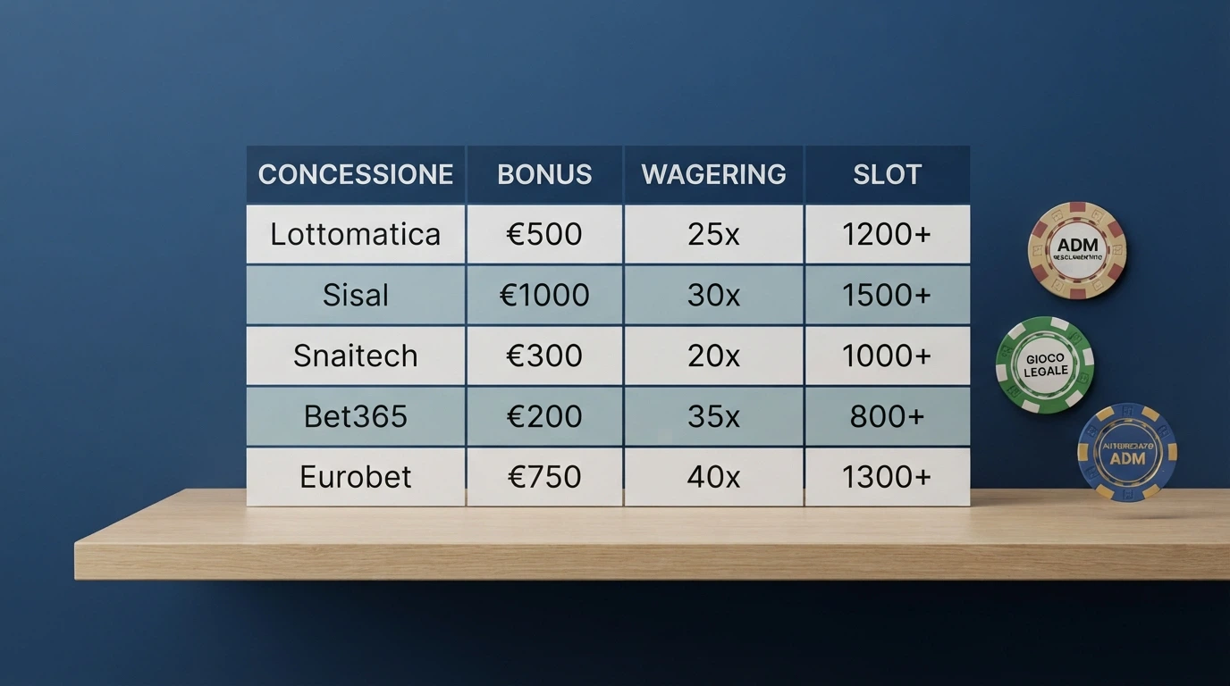 Una tabella comparativa stilizzata con loghi di casinò online e accanto le voci «Concessione», «Bonus», «Wagering» e «Slot»