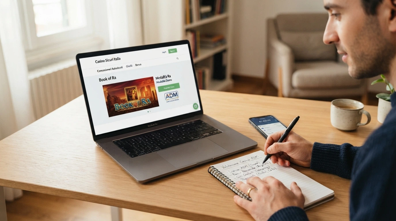 Una tabella comparativa stilizzata con le icone dei casinò ADM in colonna e i parametri bonus, demo e wagering affiancati, sfondo pulito con il logo stilizzato dell'ADM in filigrana