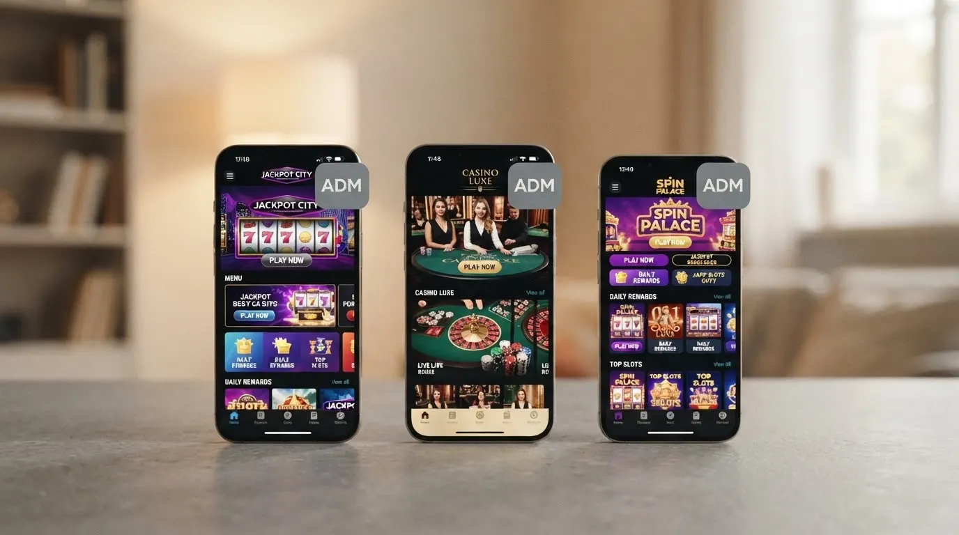 Tre iPhone affiancati che mostrano le schermate home di tre diverse app casinò con licenza ADM, badge di concessione evidenziato su ciascuna