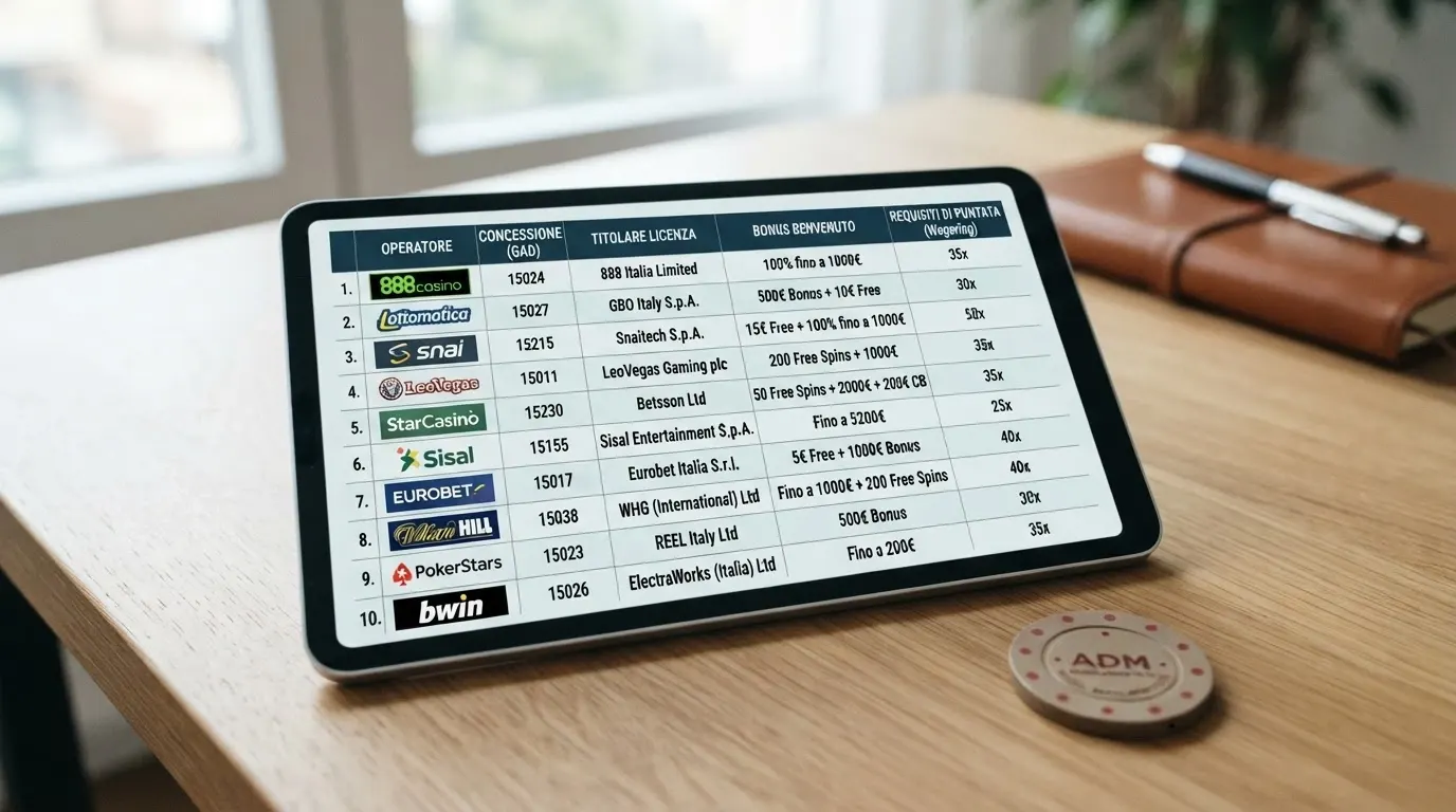 Una tabella comparativa affiancata con le colonne operatore, numero concessione, titolare, bonus benvenuto e wagering