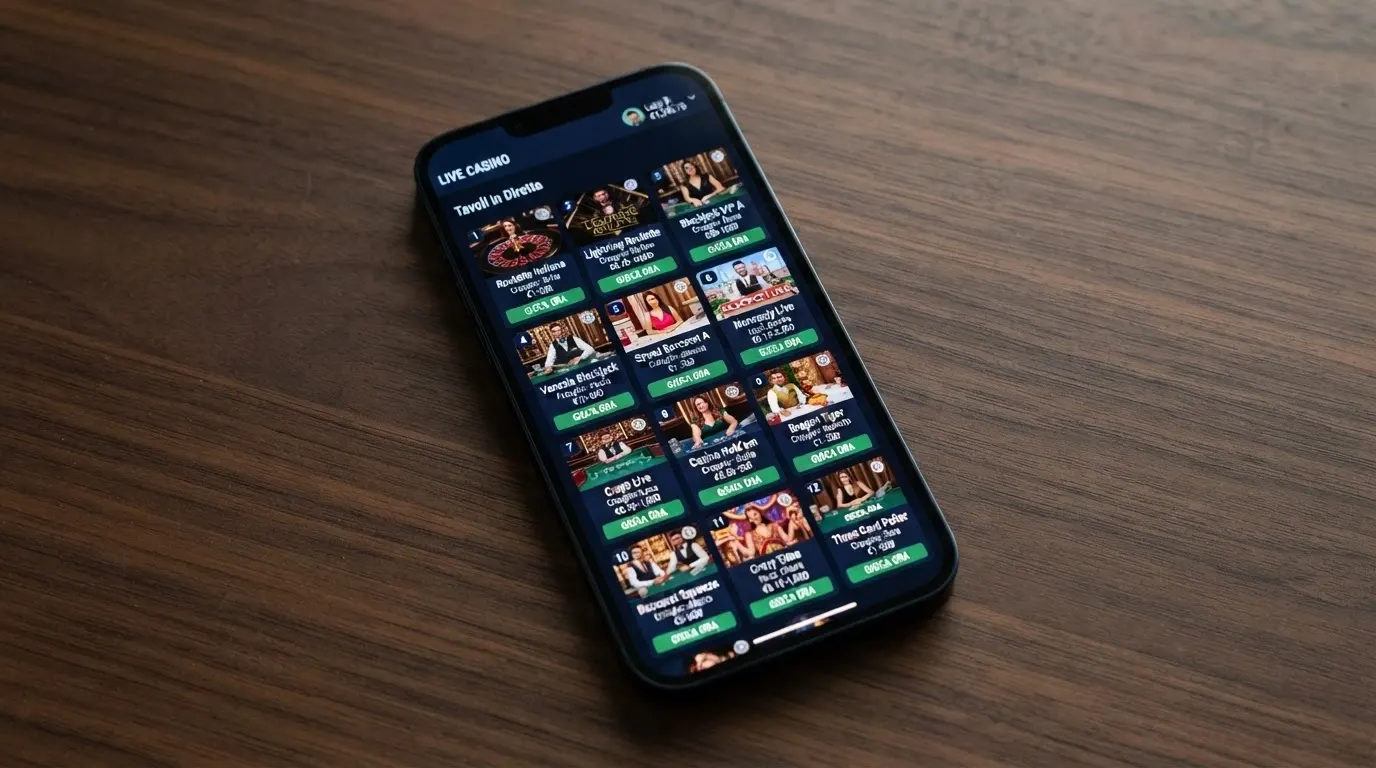 Schermata di una lobby di casinò dal vivo con anteprime dei tavoli disponibili, limiti di puntata e nomi dei croupier in elenco