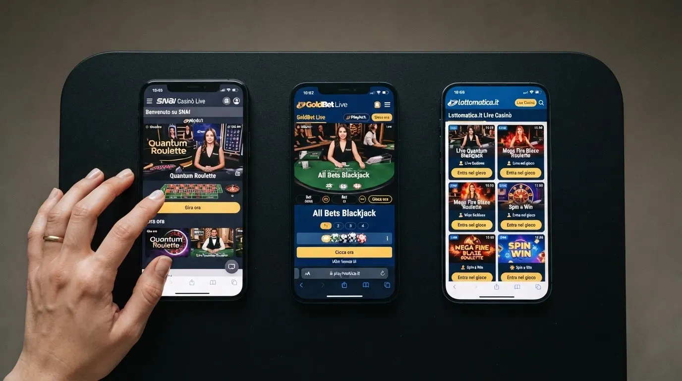 Schermata di confronto tra le homepage di tre casinò ADM italiani (Sisal, SNAI, 888casino) con i loghi delle licenze ADM in evidenza e le sezioni live casino aperte