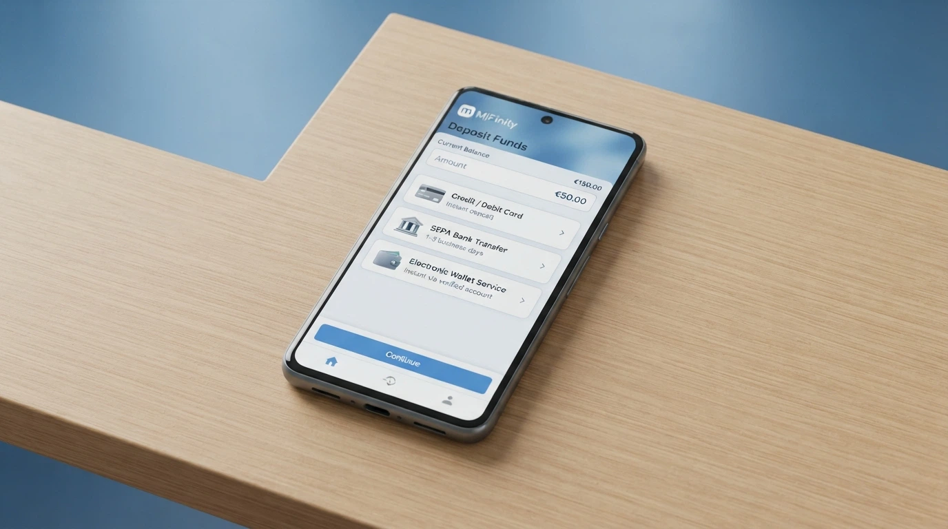 L'interfaccia di pagamento MiFinity con le opzioni di ricarica: carta di credito, bonifico SEPA e portafoglio