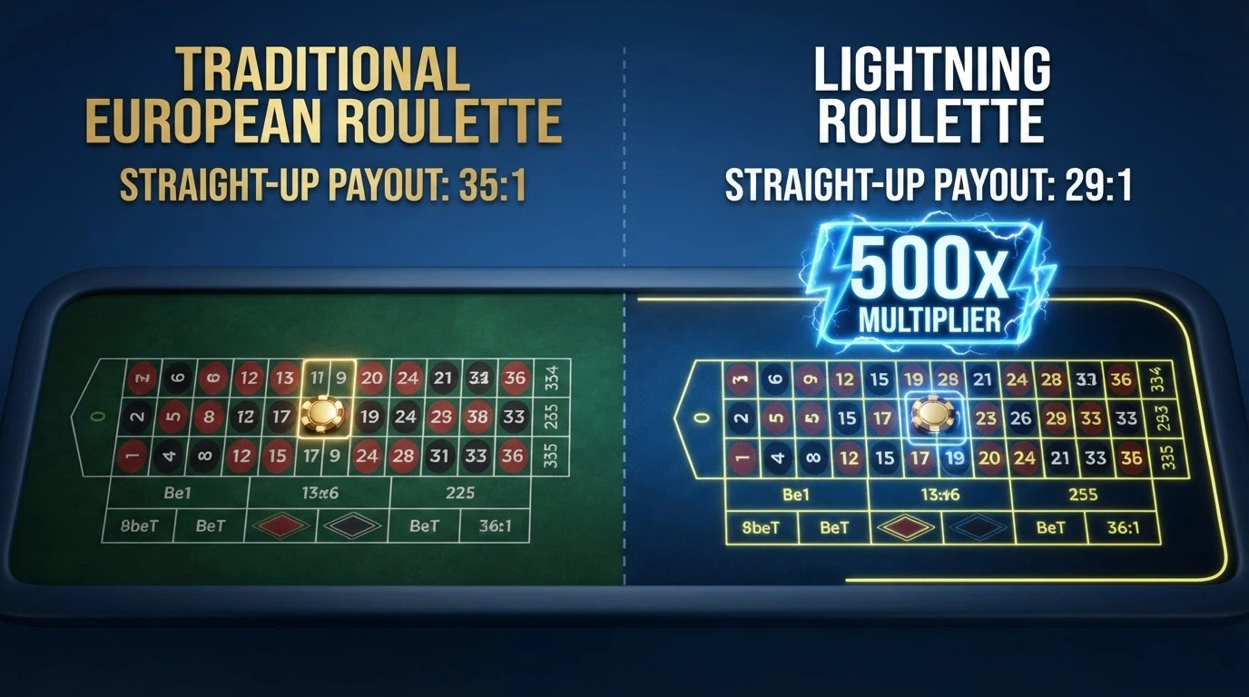 Schema di confronto tra il payout straight-up della roulette europea standard (35:1) e quello di Lightning Roulette (29:1 base, con moltiplicatore fino a 500x)