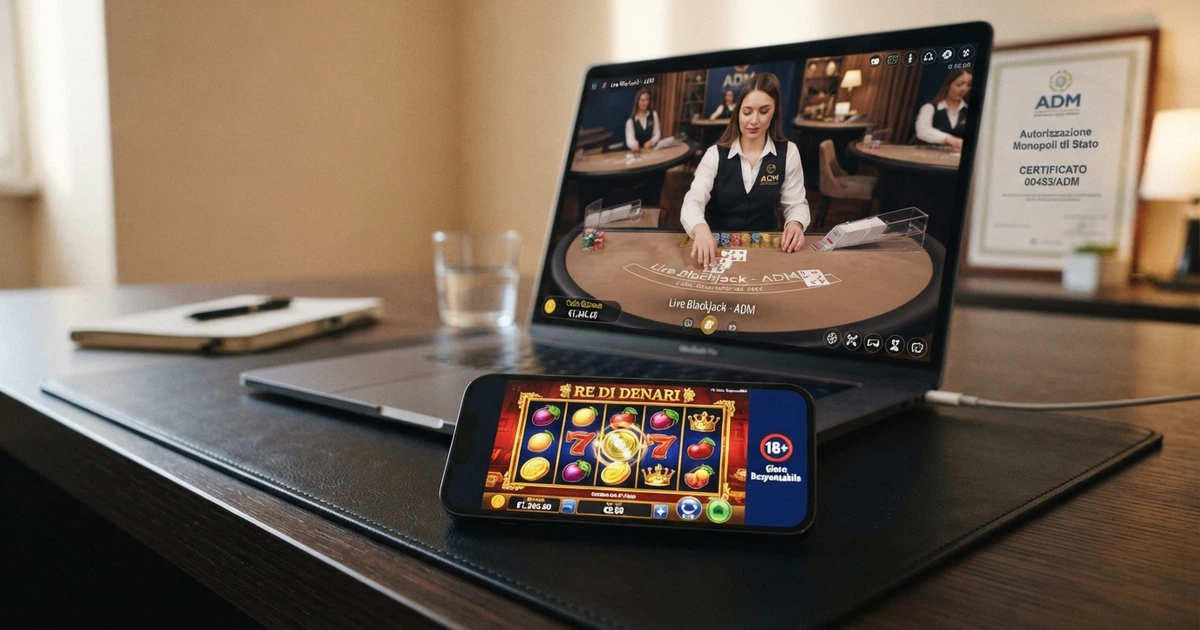 Interfaccia di un casinò online con slot Play'n GO in primo piano e un tavolo live con croupier sullo sfondo, su schermo desktop e mobile