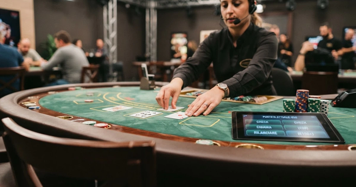 Un tavolo da poker live con croupier in uniforme, carte sul tavolo verde e interfaccia di puntata visibile in sovrimpressione