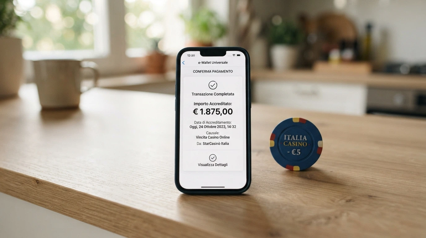 Smartphone con la schermata di un prelievo casinò completato tramite PayPal, con l'importo e la data di accredito visibili