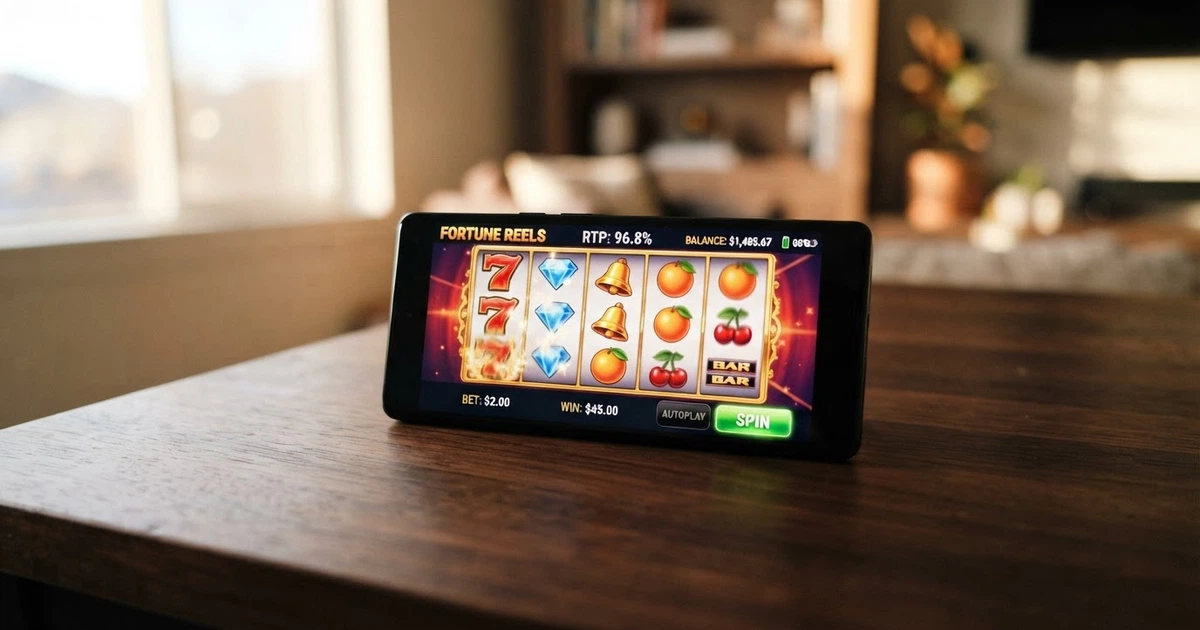 Un primo piano di una slot machine online con i rulli in movimento e l'interfaccia che mostra le percentuali di RTP e i moltiplicatori di vincita