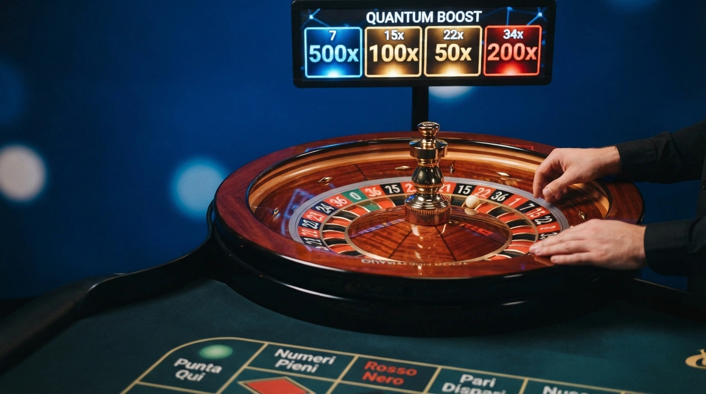 Primo piano di una ruota della roulette a singolo zero in uno studio Playtech, con il display dei moltiplicatori Quantum Boost attivo e le puntate straight-up illuminate sul tavolo