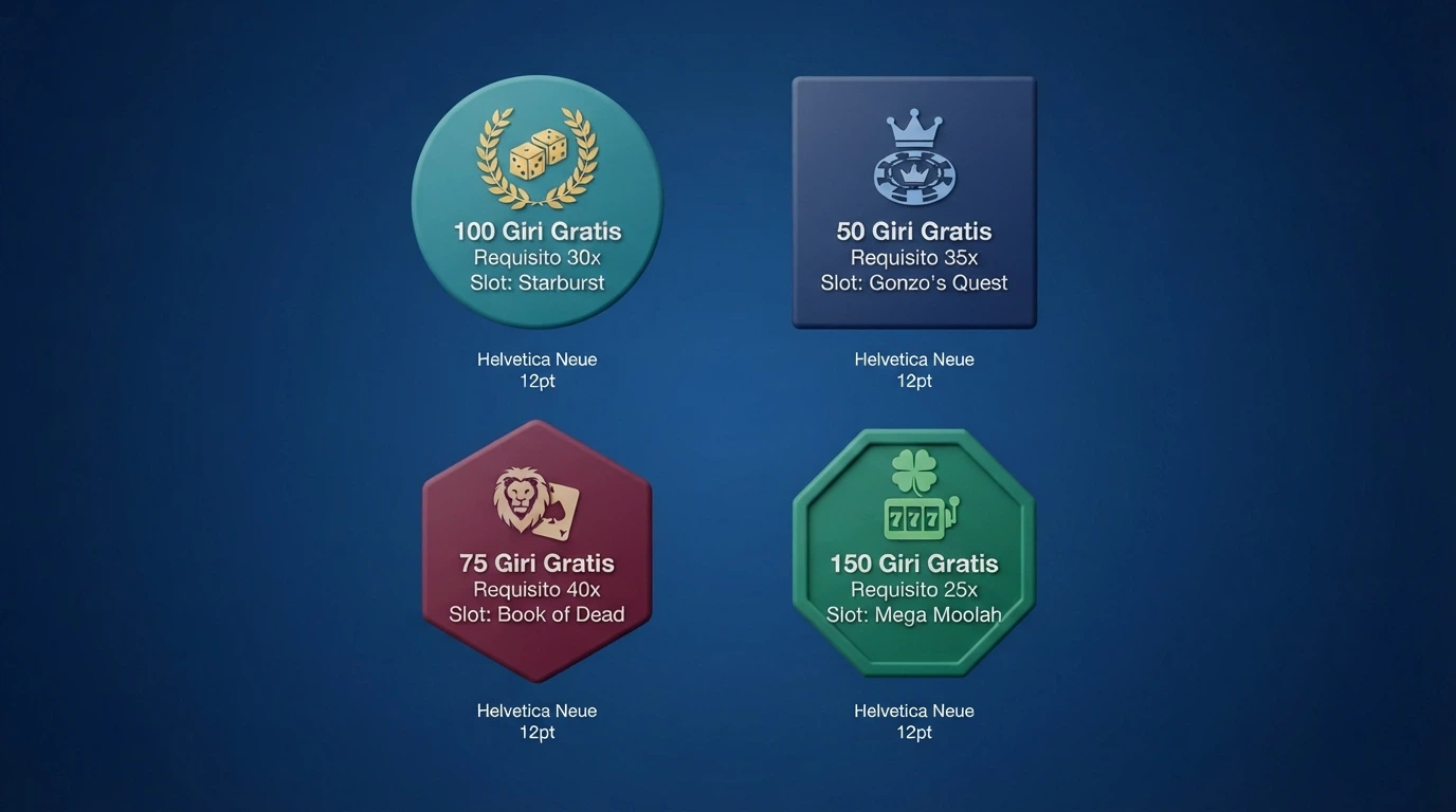 Quattro loghi di casino ADM (StarCasinò, LeoVegas, 888casino, William Hill) affiancati in una griglia con sotto ciascuno il numero di giri gratis, il requisito di puntata e la slot assegnata