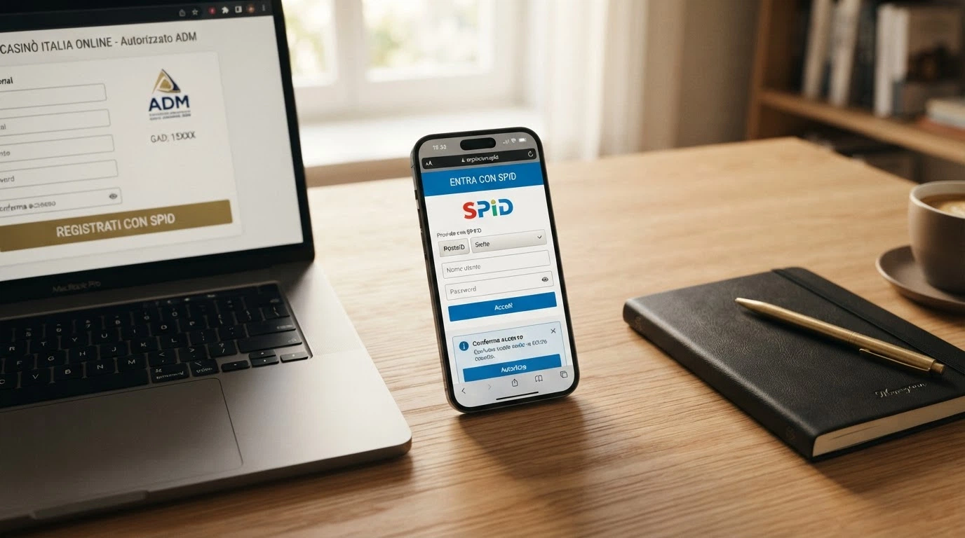 La schermata di un identity provider SPID con i campi nome utente, password e secondo fattore, accanto alla pagina di registrazione di un casinò ADM