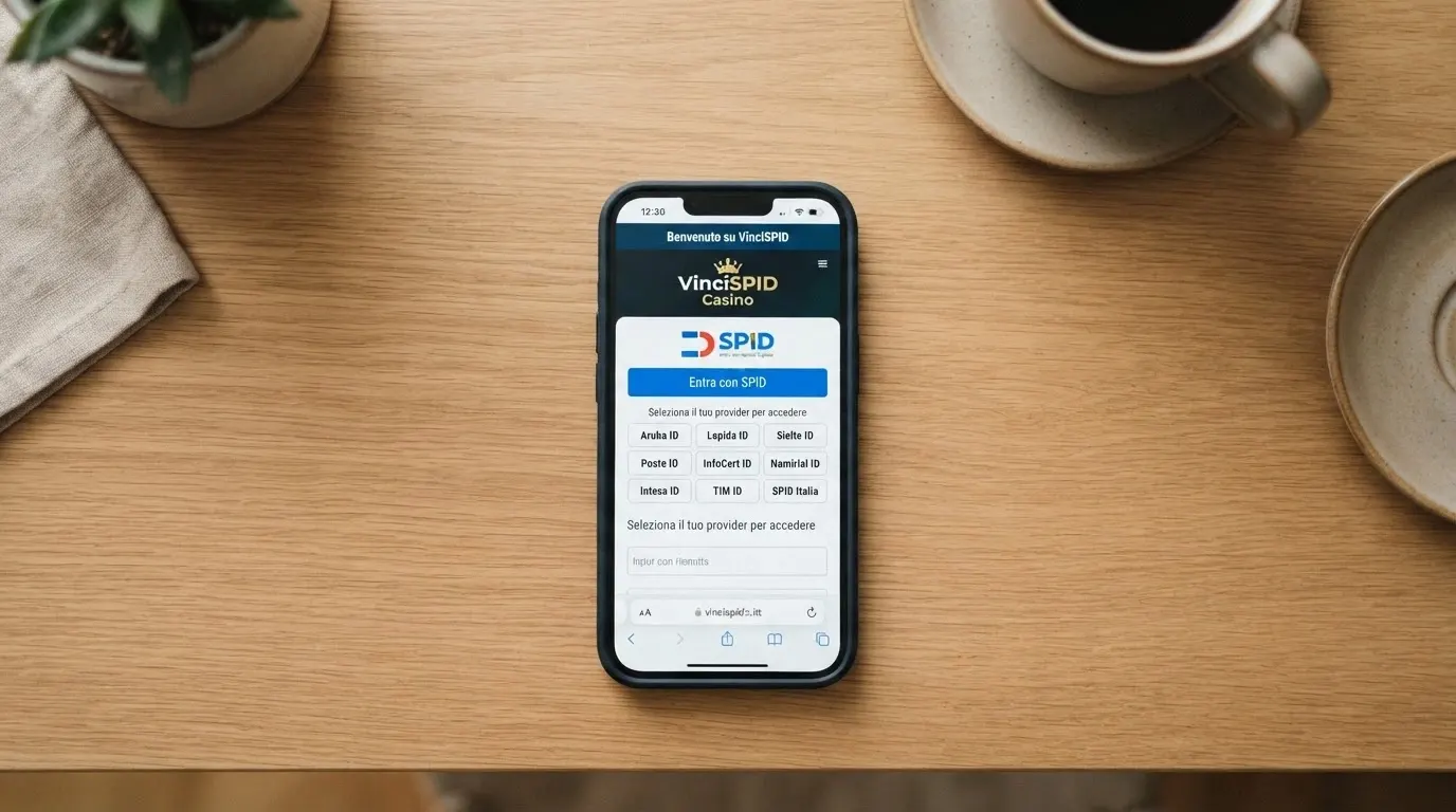 Schermata di accesso a un casino online italiano con il pulsante «Entra con SPID» in evidenza e i logo dei provider di identità disponibili (Poste, Aruba, Infocert, Sielte).