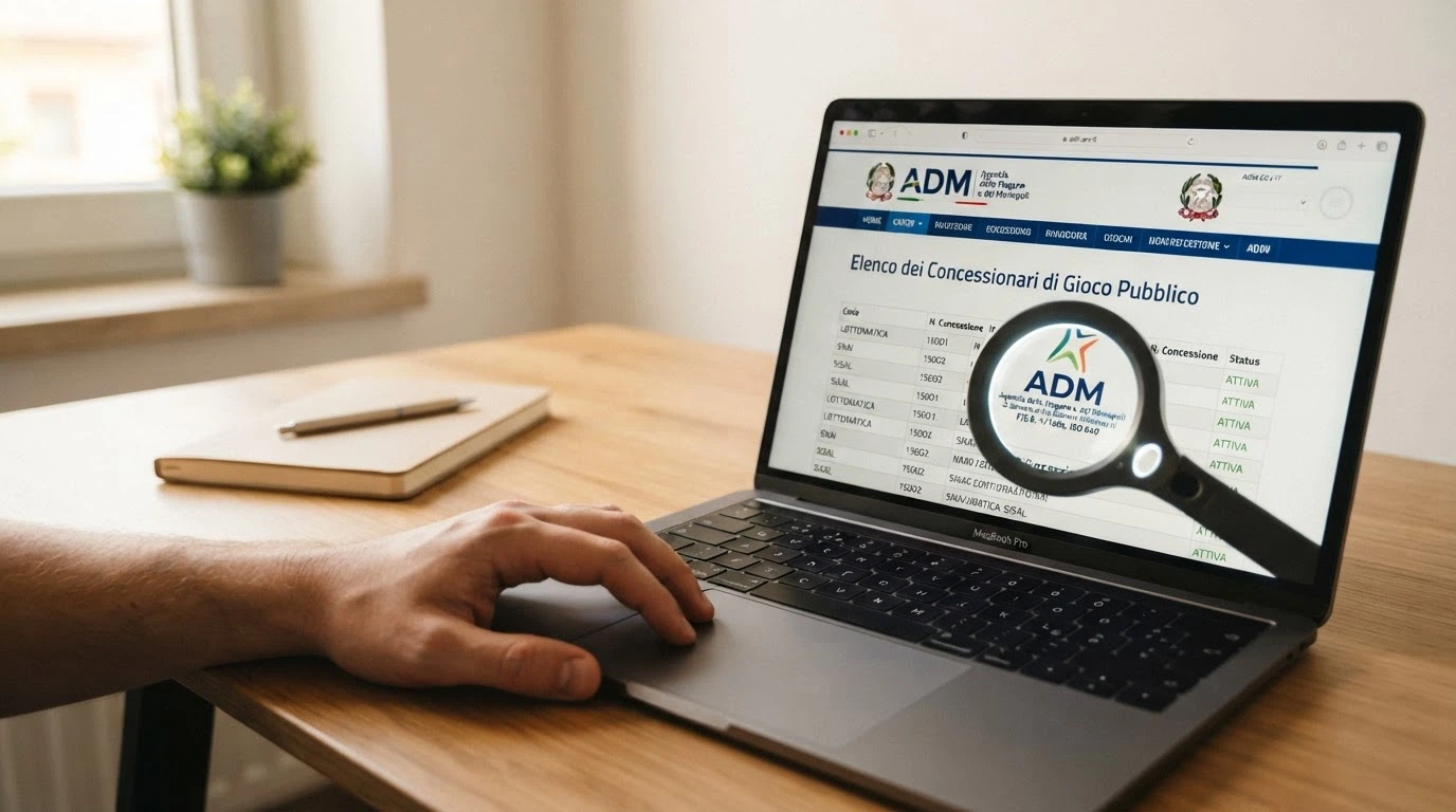 Lo schermo di un computer che mostra la pagina ufficiale del registro concessionari ADM su adm.gov.it con l'elenco degli operatori autorizzati, mentre una lente di ingrandimento digitale evidenzia l'assenza dei marchi senza verifica