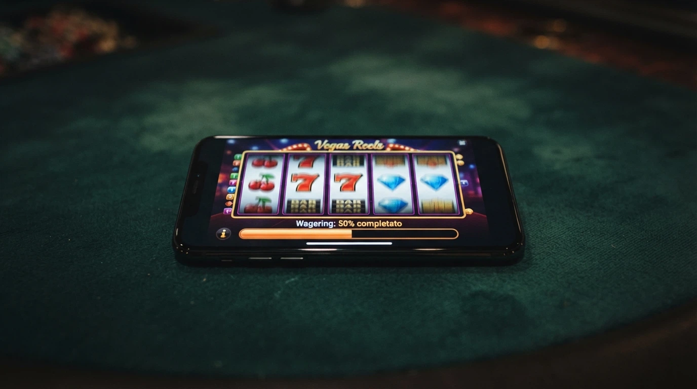 Un primo piano di una slot machine online in esecuzione con il contatore del saldo bonus ancora attivo e una barra di avanzamento del wagering parzialmente completata