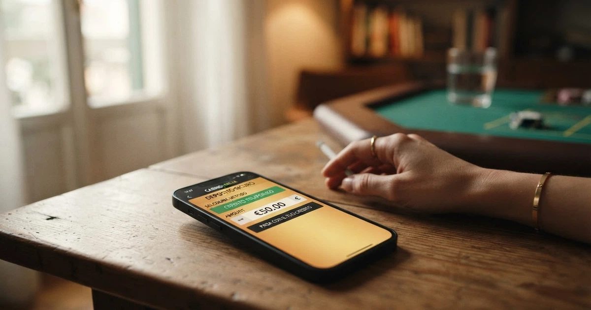 Uno smartphone che mostra la schermata di deposito con credito telefonico accanto al logo di un casinò online