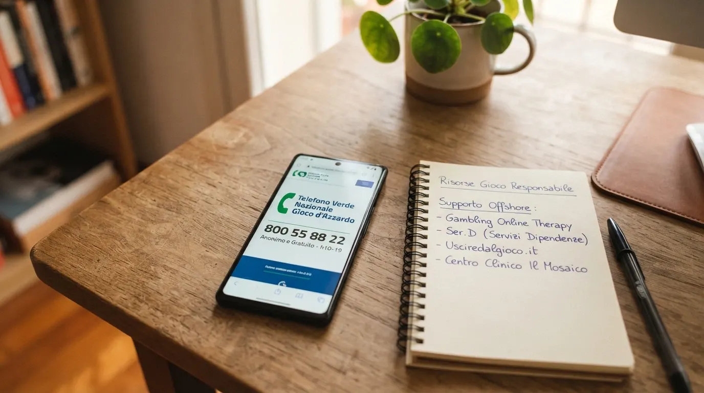 Il logo del Telefono Verde Nazionale Gioco d’Azzardo 800 55 88 22 accanto alle icone dei servizi di supporto attivi in Italia