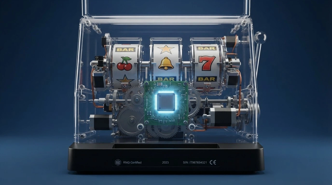 Schema semplificato del funzionamento di un generatore di numeri casuali applicato ai rulli di una slot machine, con evidenziata l'indipendenza statistica tra un giro e il successivo