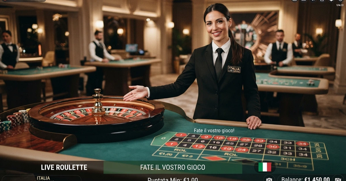 Un croupier in divisa sorride dietro una ruota della roulette in un tavolo live illuminato, con lo schermo di puntata digitale in sovrimpressione
