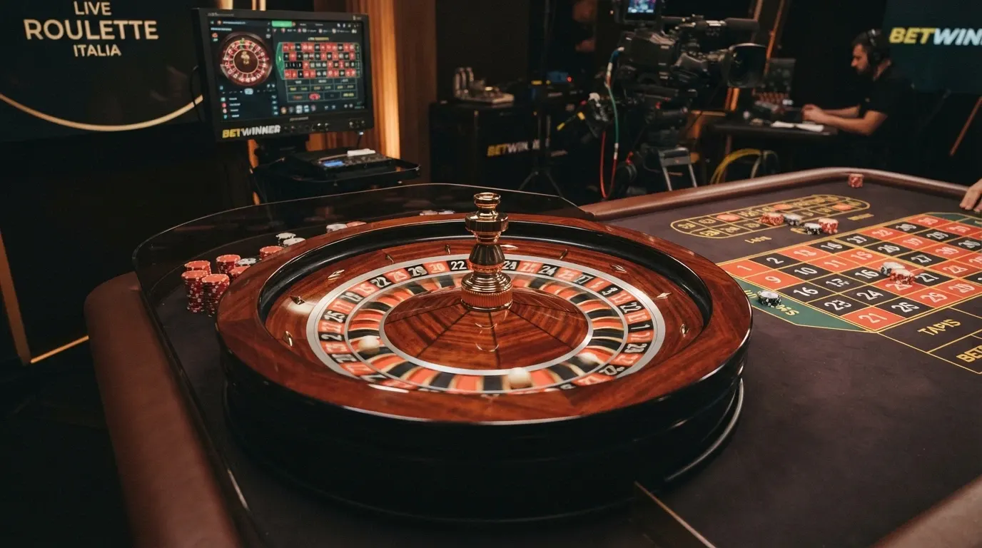 Un primo piano di una ruota della roulette in movimento durante una diretta streaming, con il croupier sullo sfondo e l'interfaccia di puntata visibile sul tavolo