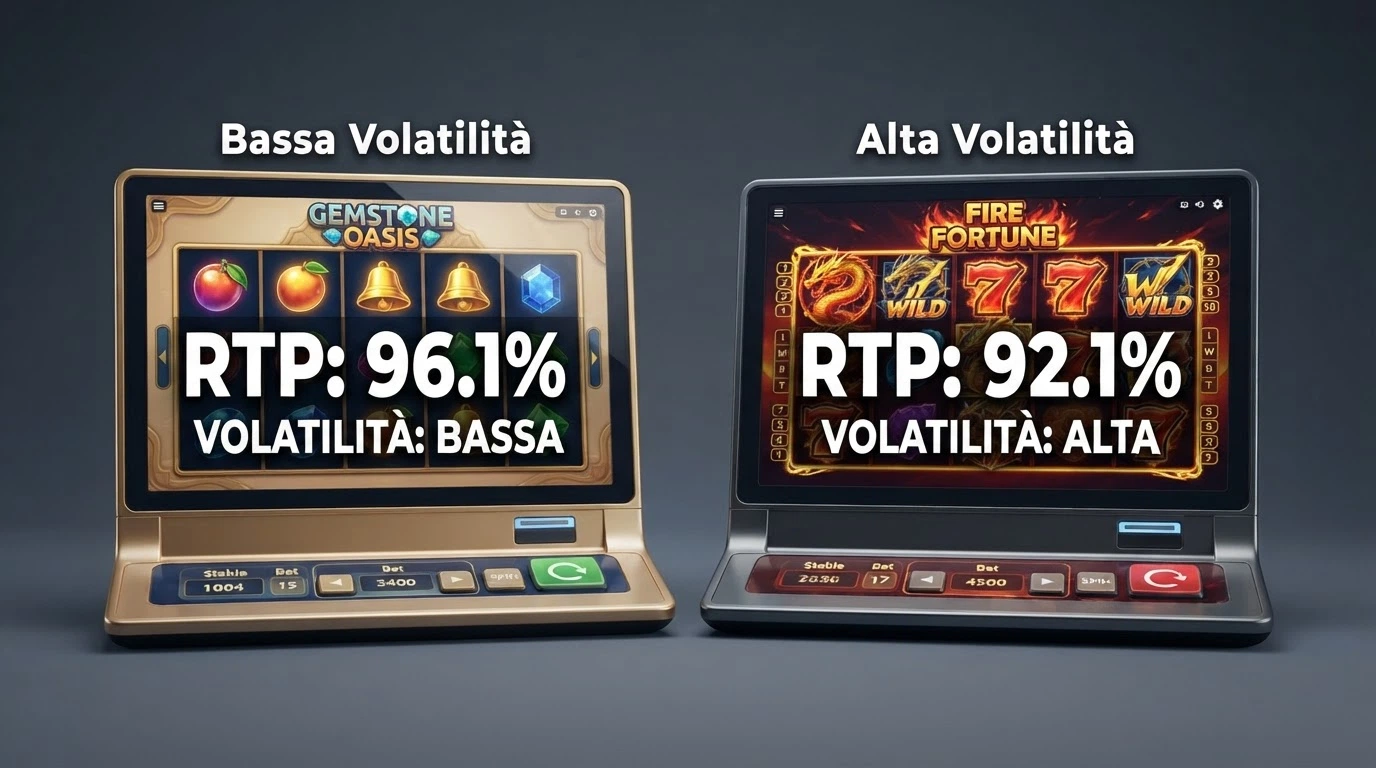 Due schermate affiancate di slot machine online con i valori RTP e volatilità evidenziati in sovrimpressione, una con RTP basso e una con RTP alto