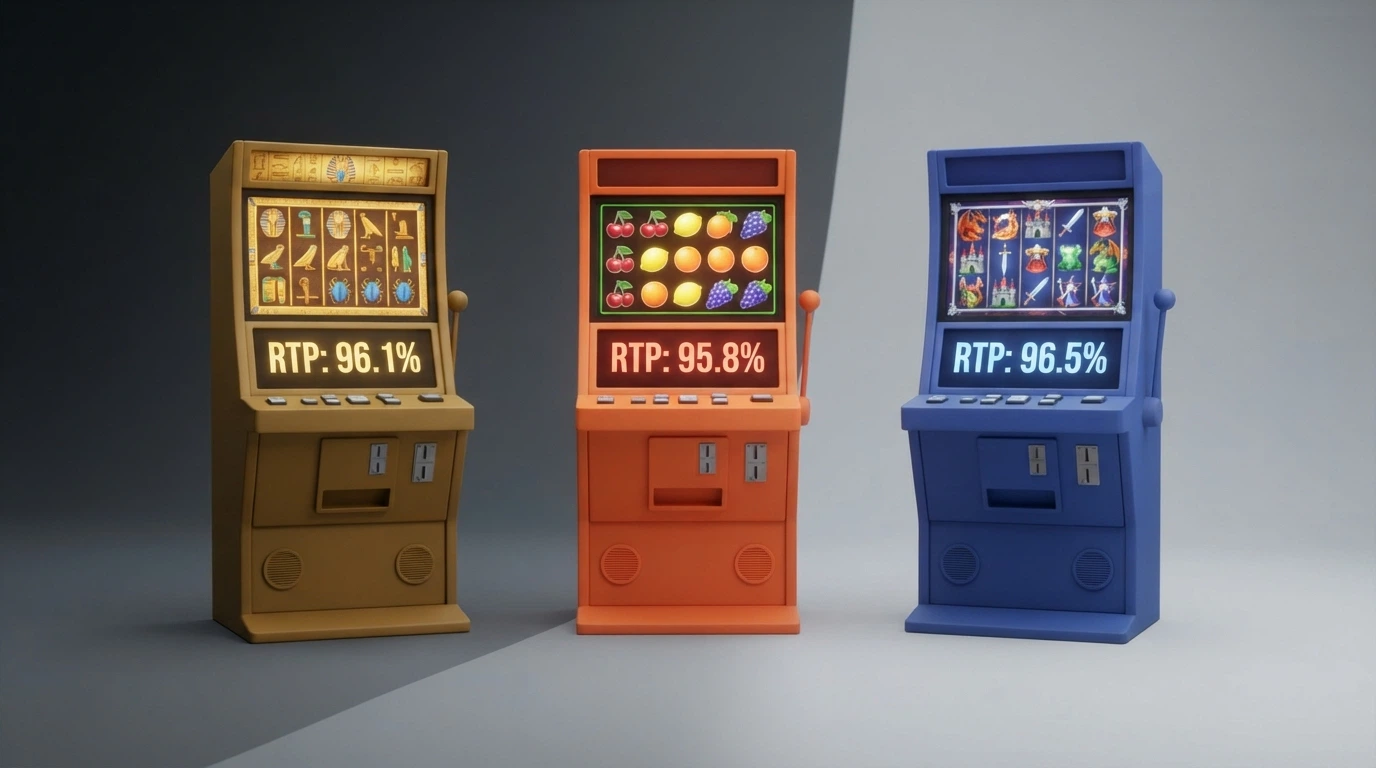 Confronto visivo tra tre slot con RTP e volatilità diversi, con la percentuale RTP in evidenza su ciascuna