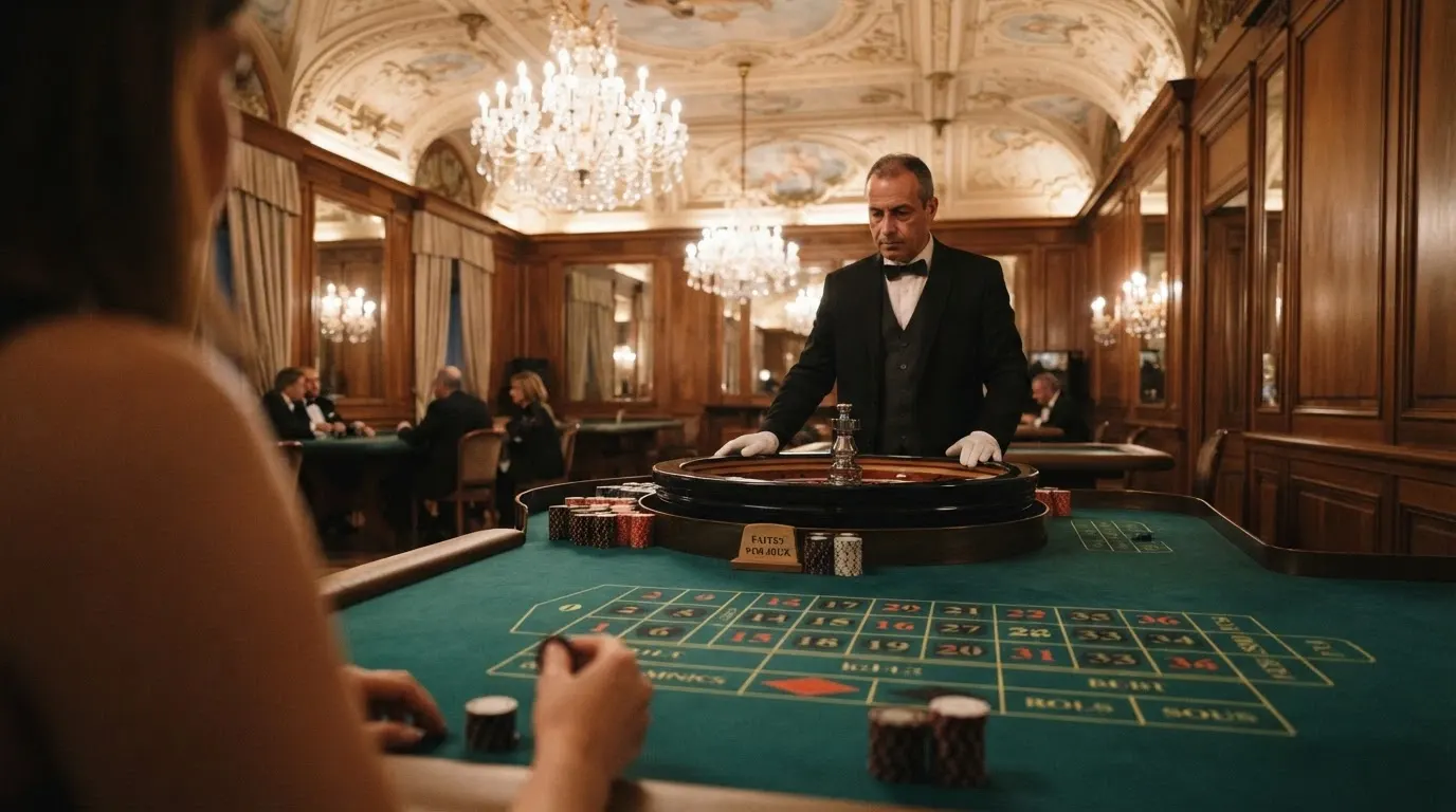 L'interno della sala giochi tradizionali del Casinò di Sanremo con i tavoli verdi, i lampadari di cristallo e le decorazioni liberty.