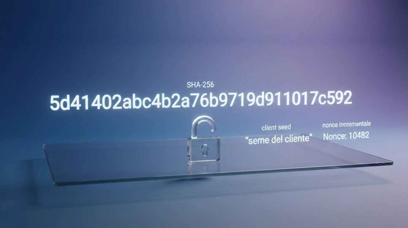 Schema visivo del processo commit-reveal: dal server seed al hash SHA-256 pubblico, passando per il client seed e il nonce, fino alla rivelazione e al ricalcolo del risultato