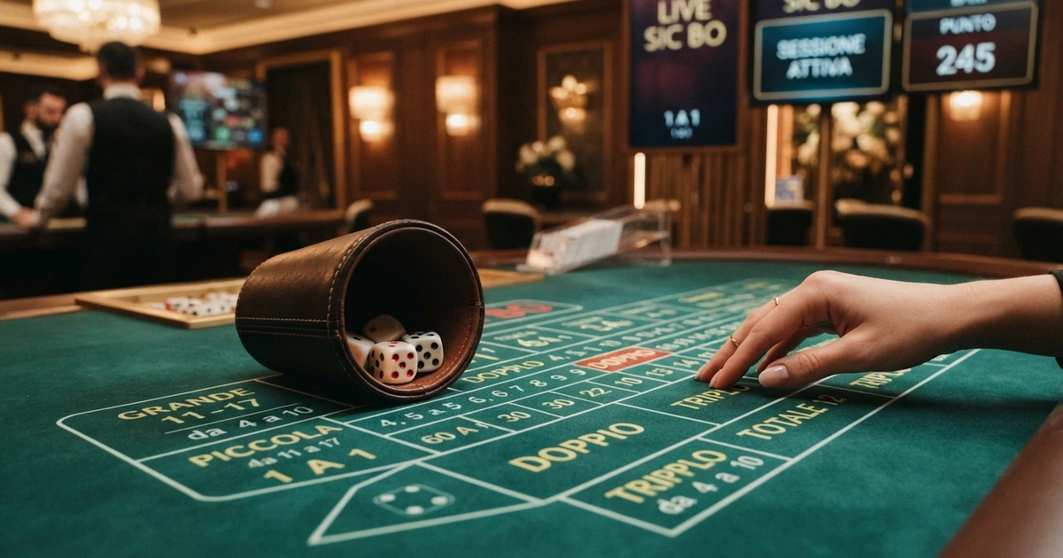 Un tavolo da Sic Bo con i tre dadi nel contenitore e il pannello delle puntate, in un casinò online con interfaccia in italiano