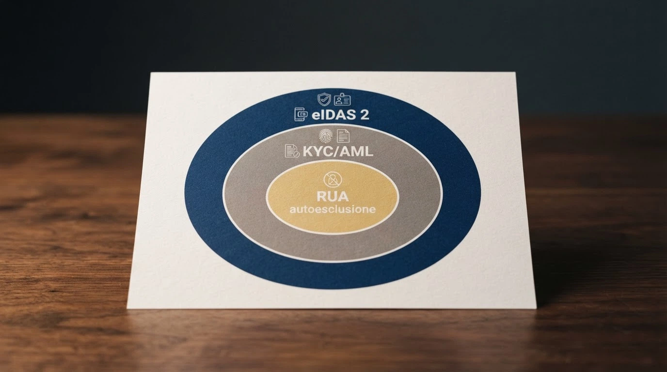 Un diagramma a tre strati concentrici che illustra come la verifica CIE incrocia simultaneamente identità (eIDAS 2), antiriciclaggio (KYC/AML) e autoesclusione (RUA)