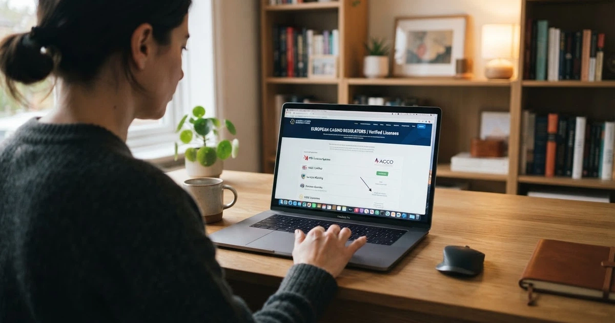Un giocatore che consulta una lista di casinò online europei sullo schermo di un computer portatile.