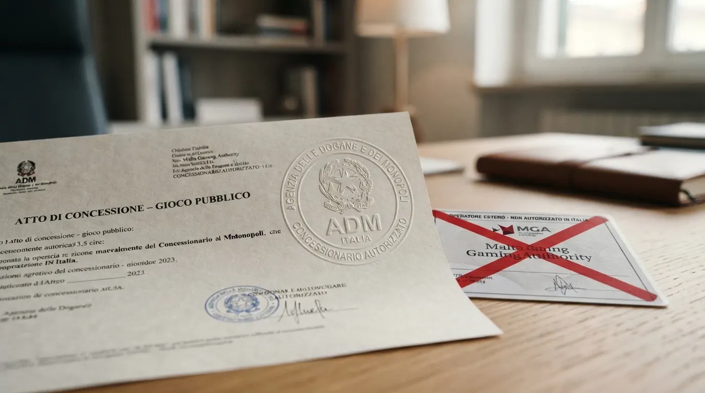 Il sigillo ufficiale dell'Agenzia delle Dogane e dei Monopoli con la dicitura «concessionario autorizzato» e il logo dello Stato Italiano, affiancato da un timbro barrato su una licenza estera non valida per l'Italia