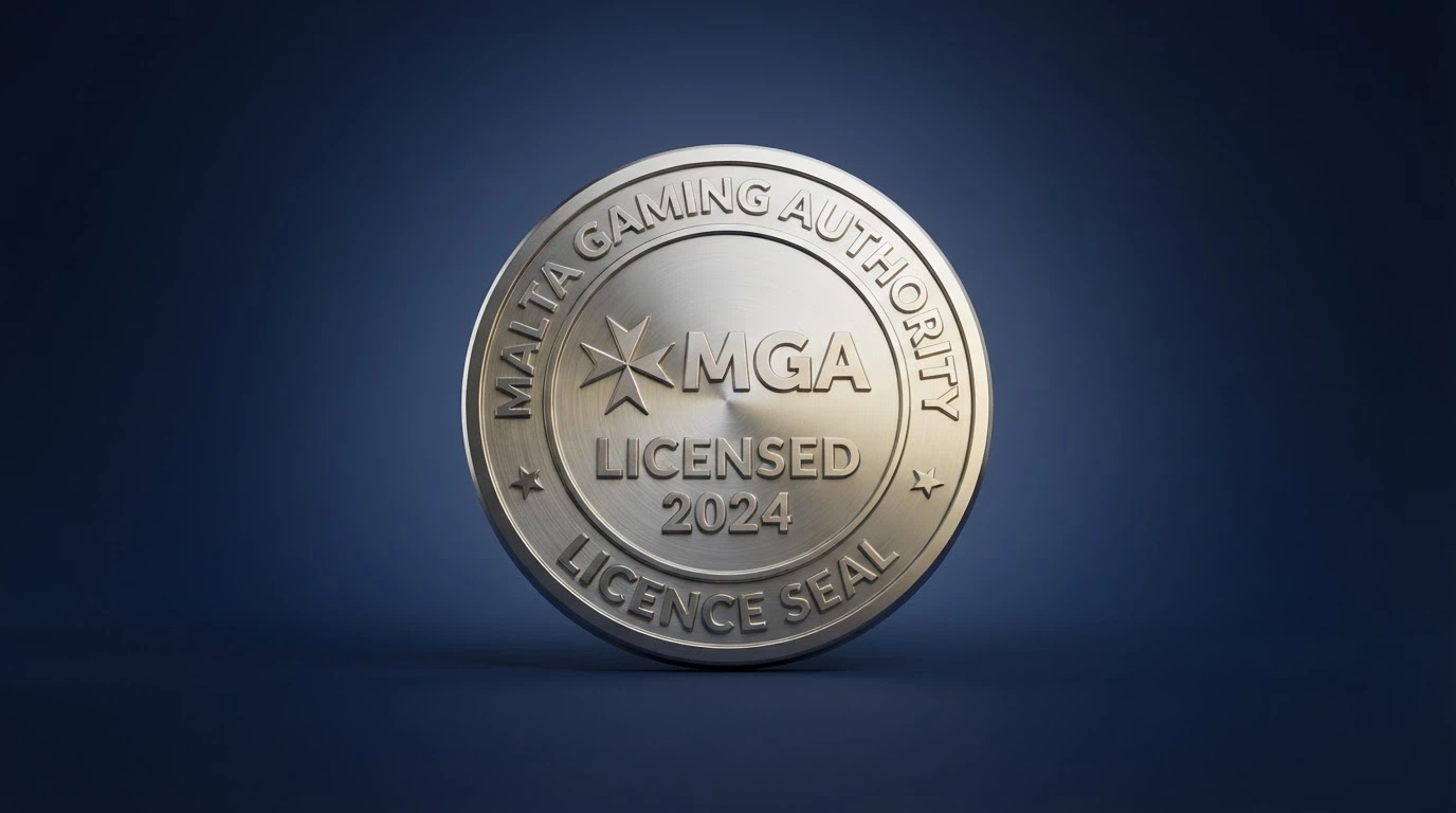 Primo piano del sigillo ufficiale della Malta Gaming Authority e del registro licenze online