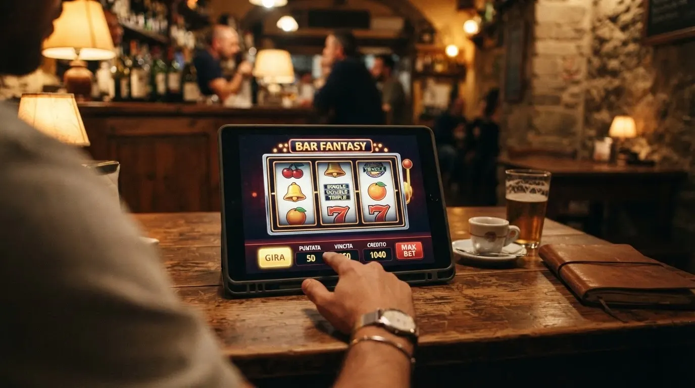 Una slot machine in stile da bar su schermo, con simboli classici — ciliegie, campane, stella e numero 7 — e un'interfaccia che richiama la pulsantiera del mobile fisico