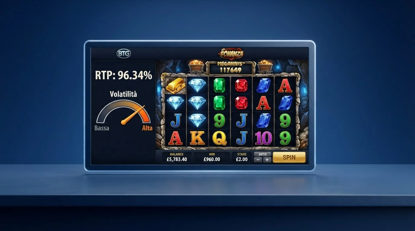La schermata di una slot Big Time Gaming con la tabella dei pagamenti e la percentuale RTP in evidenza nell'interfaccia di gioco