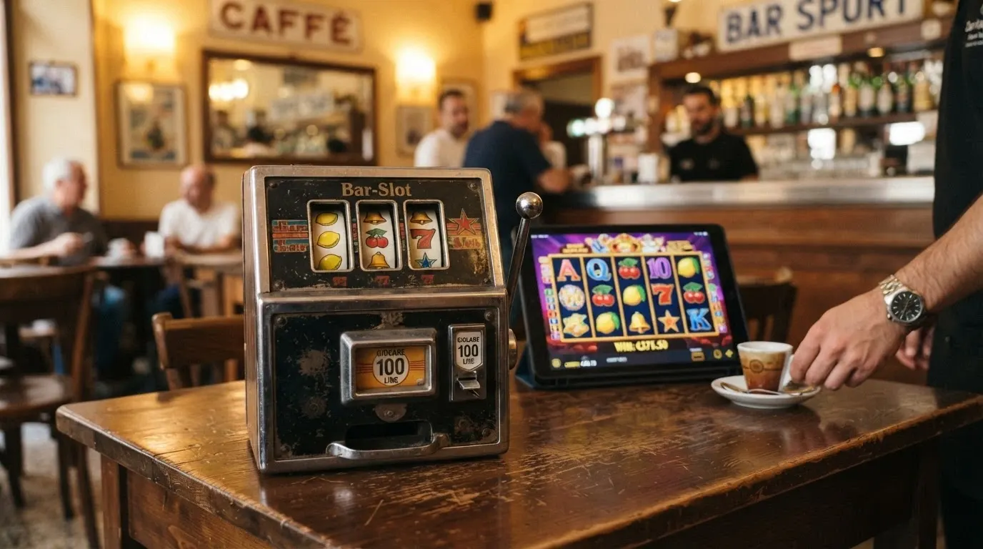 Un confronto visivo tra una classica slot da bar a 3 rulli con simboli frutta e una moderna video slot a 5 rulli con grafica animata