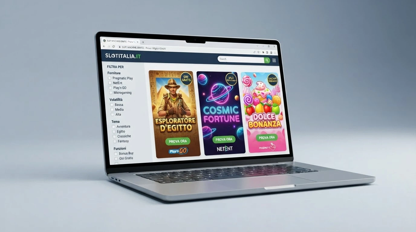 Una gallery di slot machine in anteprima su browser, con le copertine di Book of Ra, Starburst e Sweet Bonanza affiancate, l'interfaccia mostra i filtri per provider e volatilità